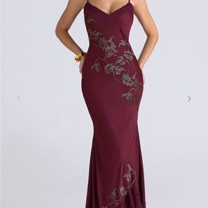 House of CB Burgundy Maxi Dress with Silver Embroidery